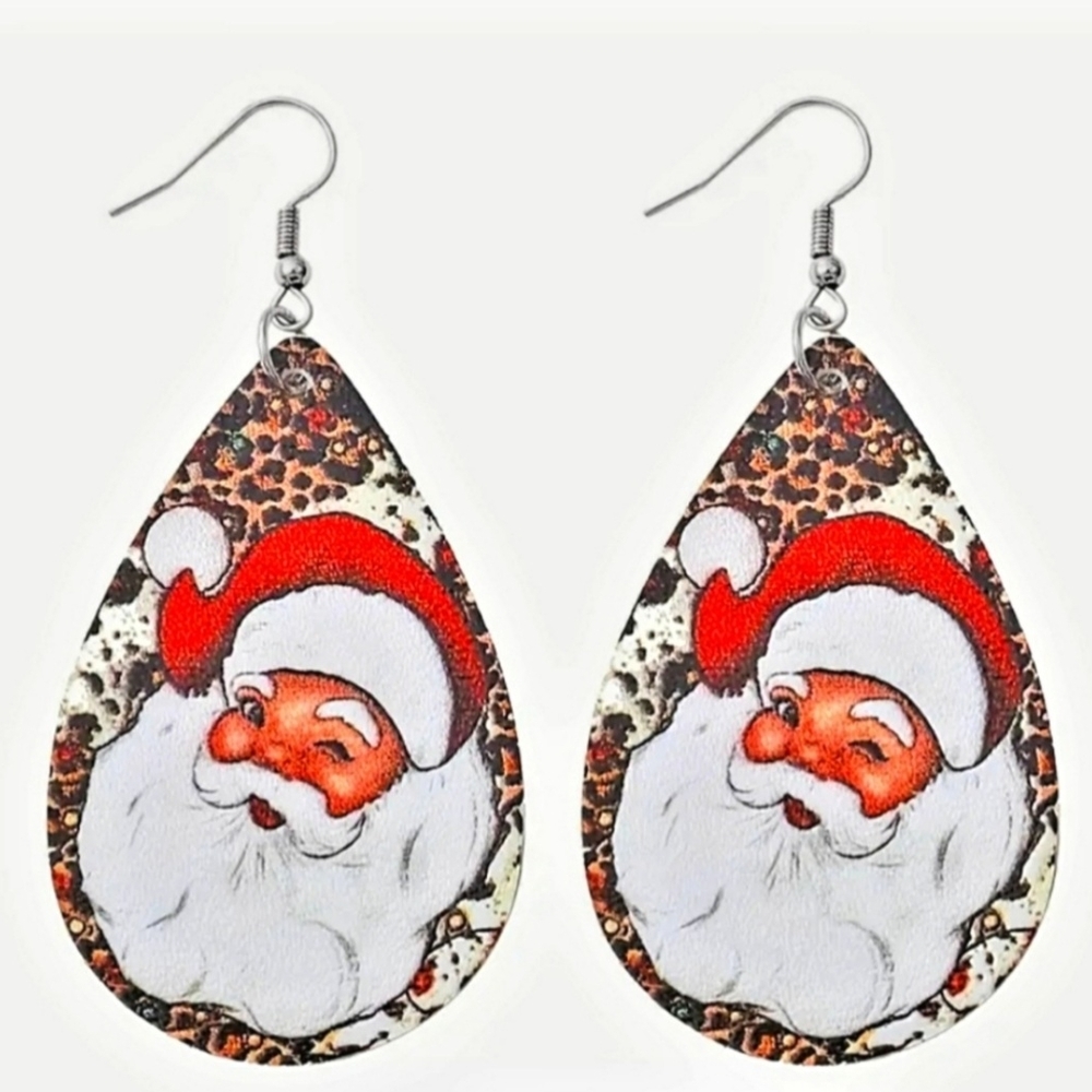 Santa Claus Faux Leather Print Teardrop Earrings